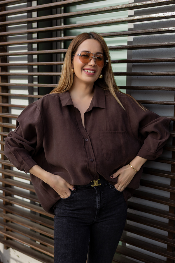 Dokulu Salaş Gömlek - KAHVERENGİ