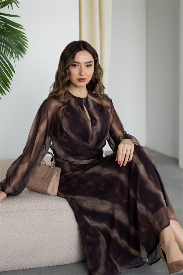 Dökümlü Maxi Elbise - KAHVERENGİ