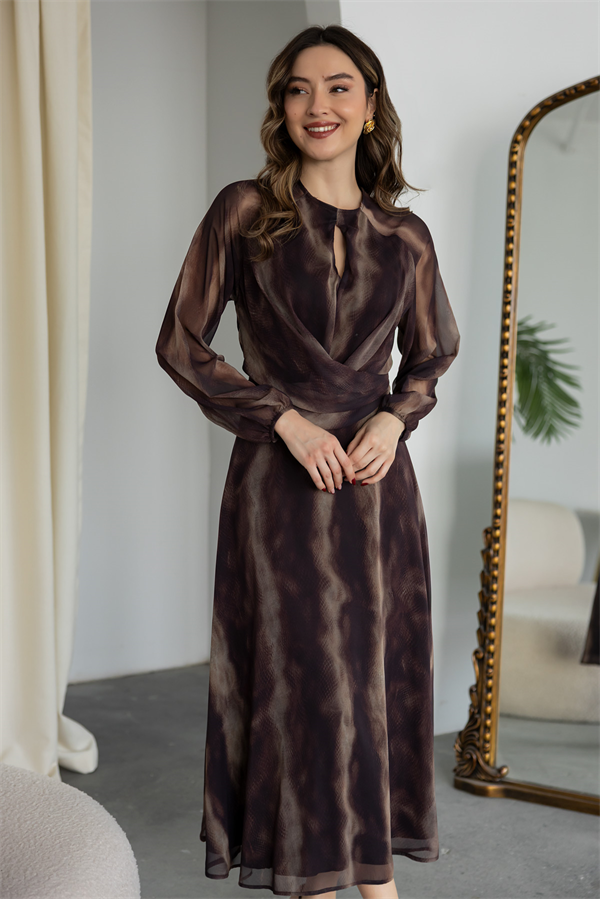 Dökümlü Maxi Elbise - KAHVERENGİ