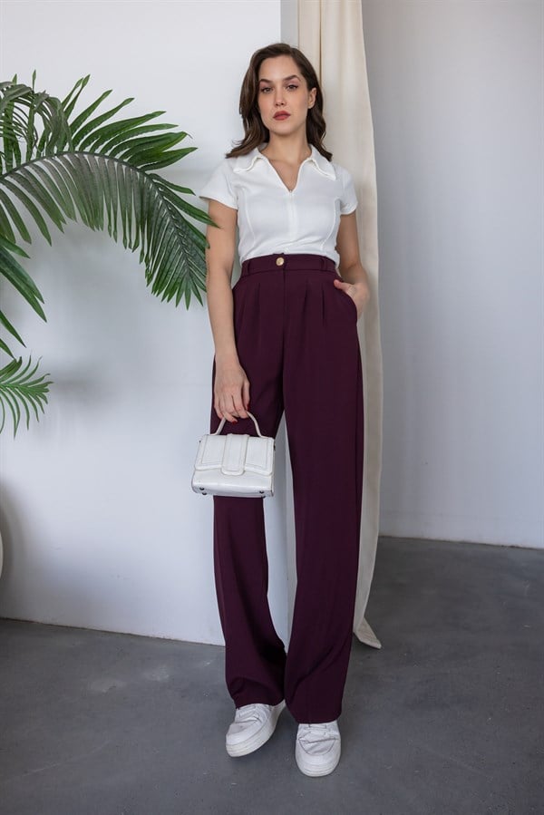 Dökümlü Palazzo Pantolon - BORDO