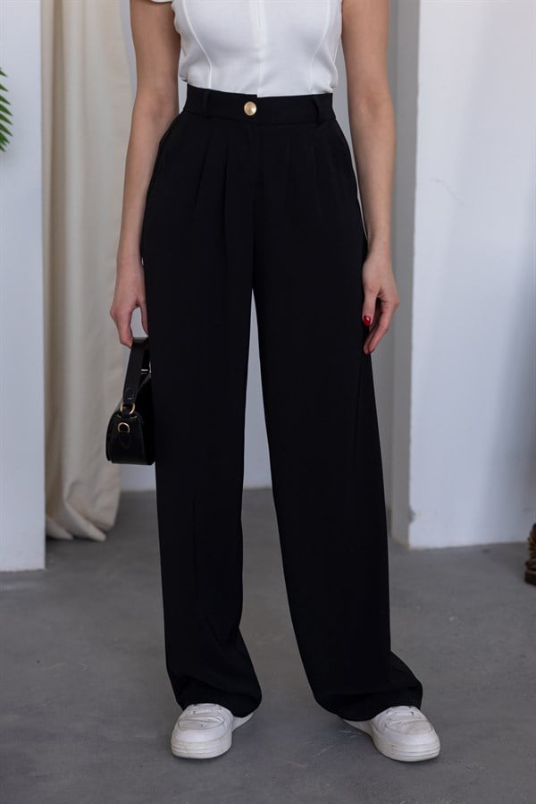 Dökümlü Palazzo Pantolon - SİYAH