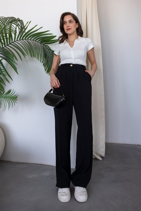 Dökümlü Palazzo Pantolon - SİYAH