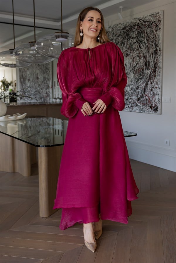 Dökümlü Saten Elbise - KIRMIZI