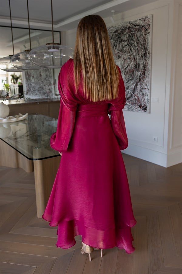 Dökümlü Saten Elbise - KIRMIZI