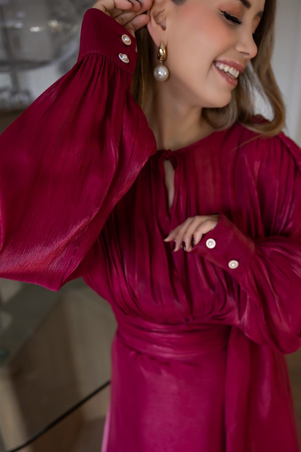 Dökümlü Saten Elbise - KIRMIZI