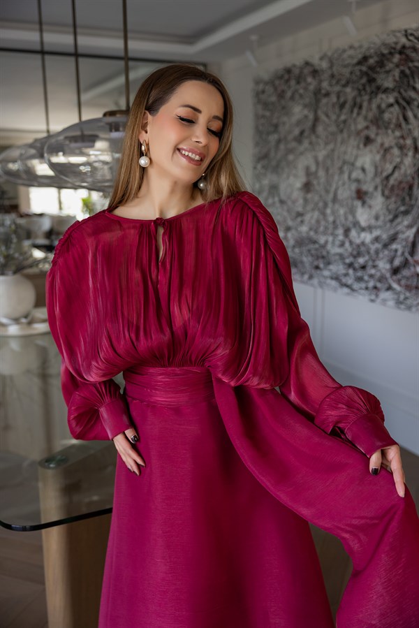 Dökümlü Saten Elbise - KIRMIZI