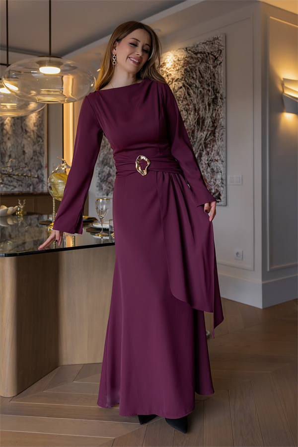 Dökümlü Uzun Elbise - BORDO