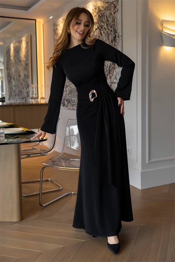 Dökümlü Uzun Elbise - SİYAH