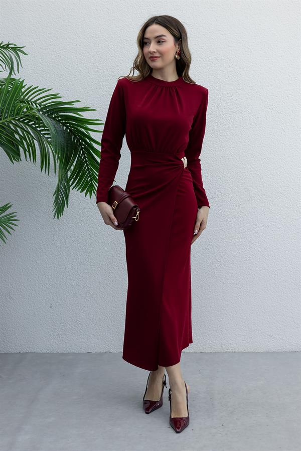 Drape Detay Broşlu Elbise - BORDO