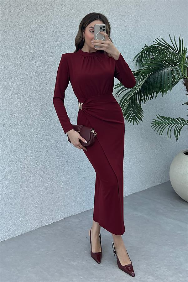 Drape Detay Broşlu Elbise - BORDO