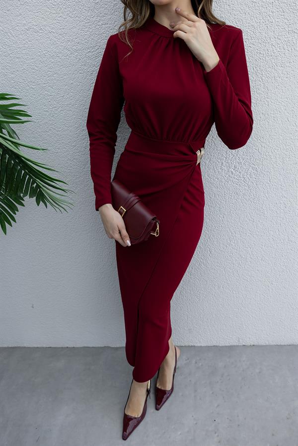 Drape Detay Broşlu Elbise - BORDO