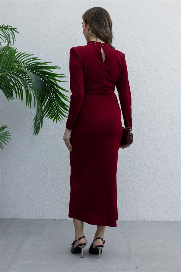 Drape Detay Broşlu Elbise - BORDO