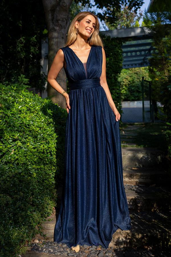 Drape Detay Simli Abiye - LACİVERT