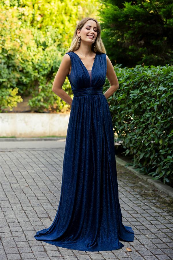 Drape Detay Simli Abiye - LACİVERT