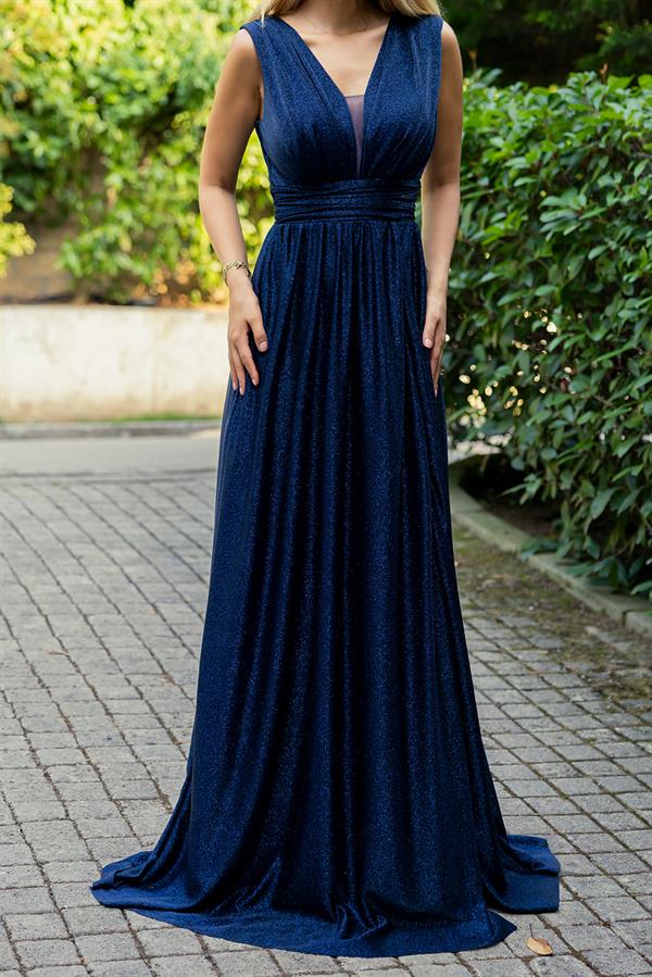 Drape Detay Simli Abiye - LACİVERT