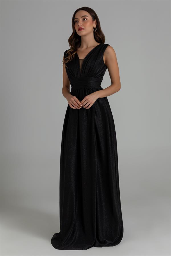 Drape Detay Simli Abiye - SİYAH