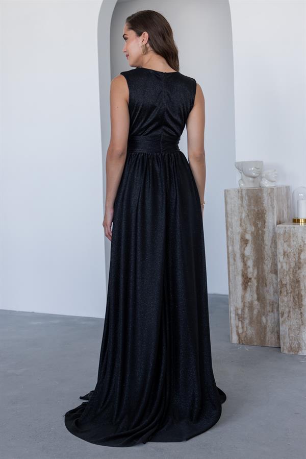 Drape Detay Simli Abiye - SİYAH