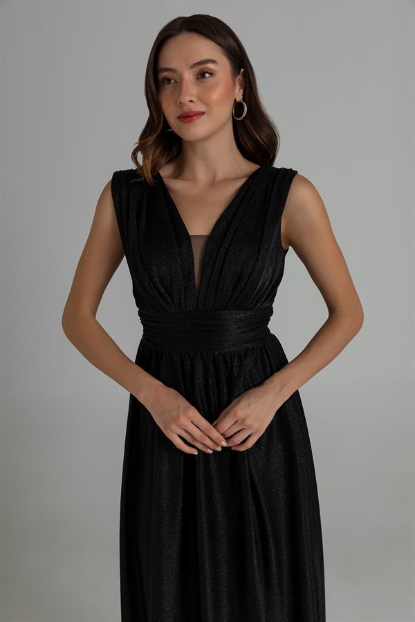 Drape Detay Simli Abiye - SİYAH