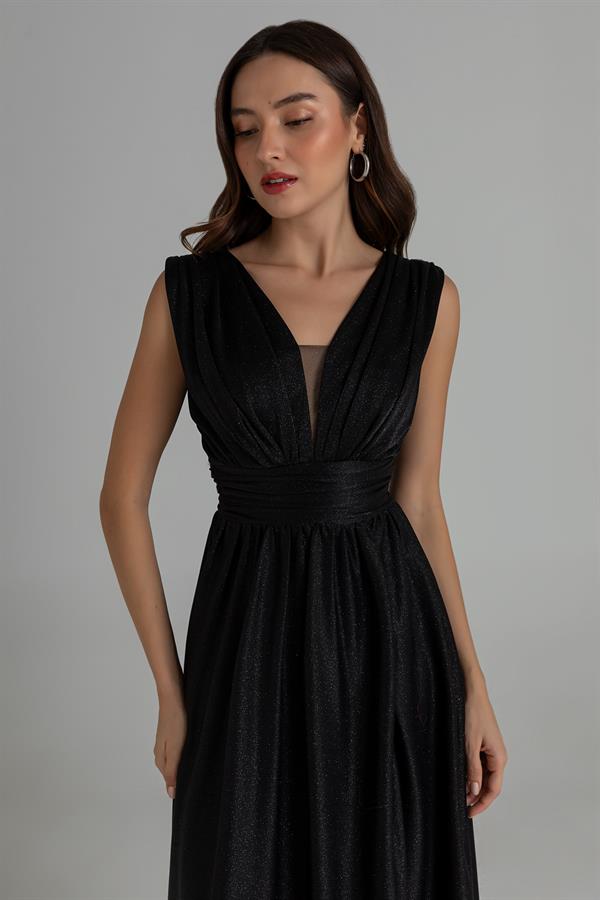 Drape Detay Simli Abiye - SİYAH