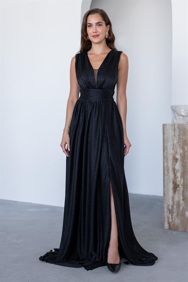 Drape Detay Simli Abiye - SİYAH