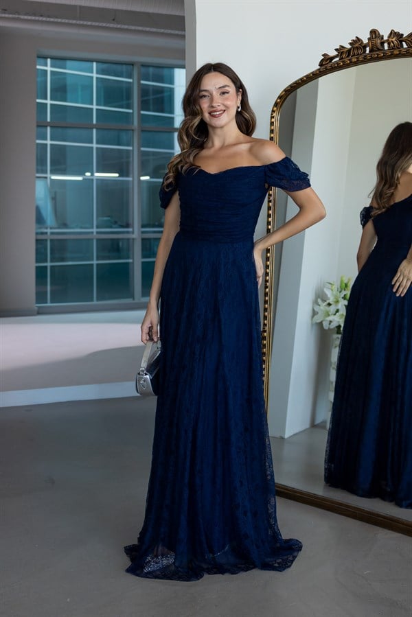 Drape Detaylı Dantel Abiye - LACİVERT