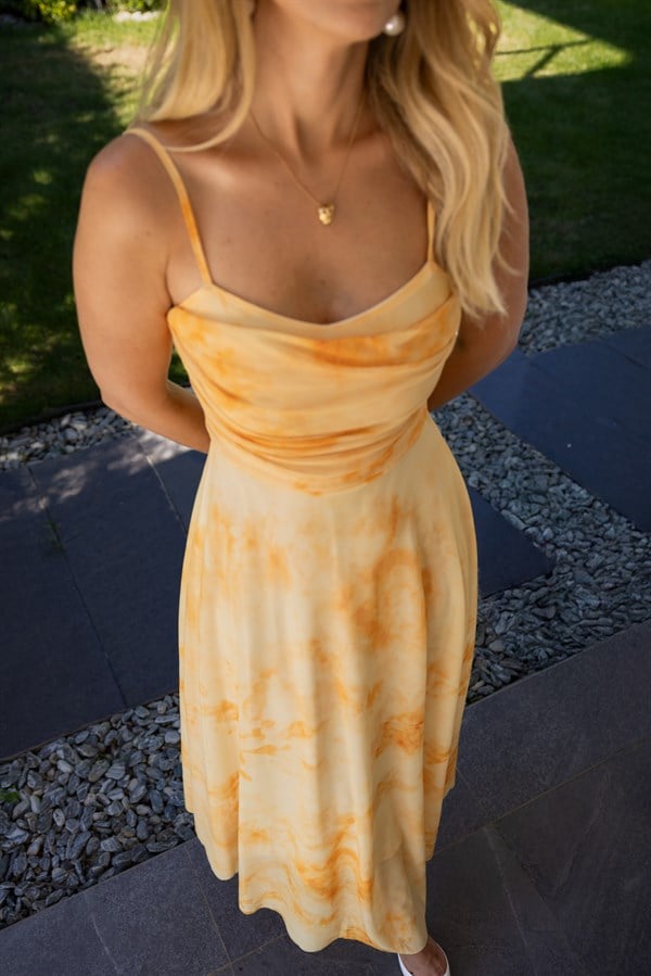 Drape Detaylı Şifon Elbise - SARI