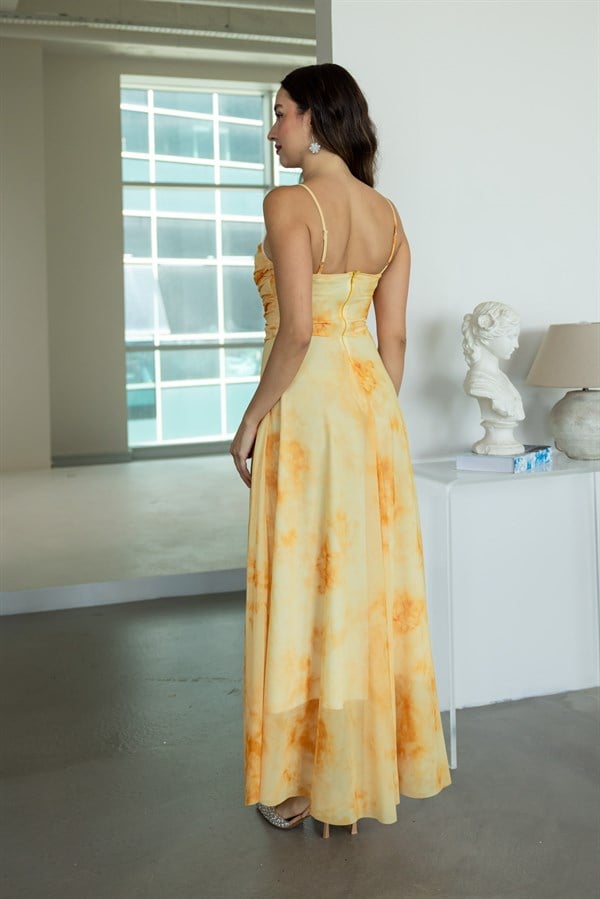 Drape Detaylı Şifon Elbise - SARI