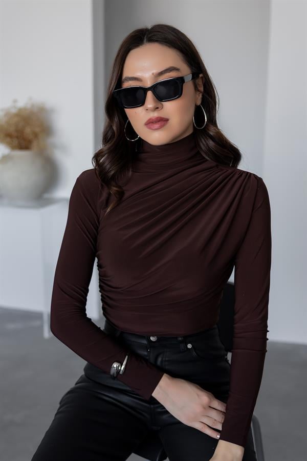 Drapeli Basic Bluz - KAHVERENGİ