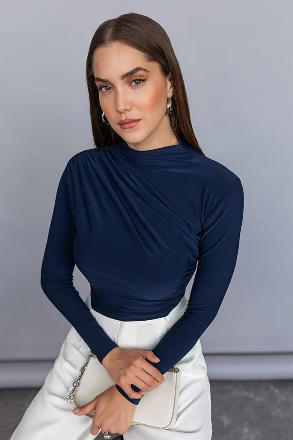 Draped Basic Blouse - Navy Blue