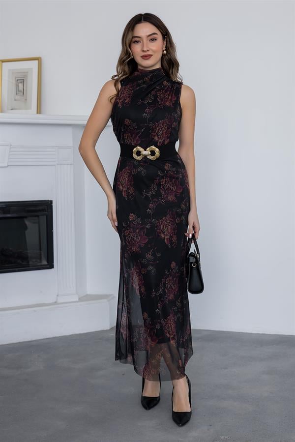 Drapeli Çiçek Desen Elbise - SİYAH
