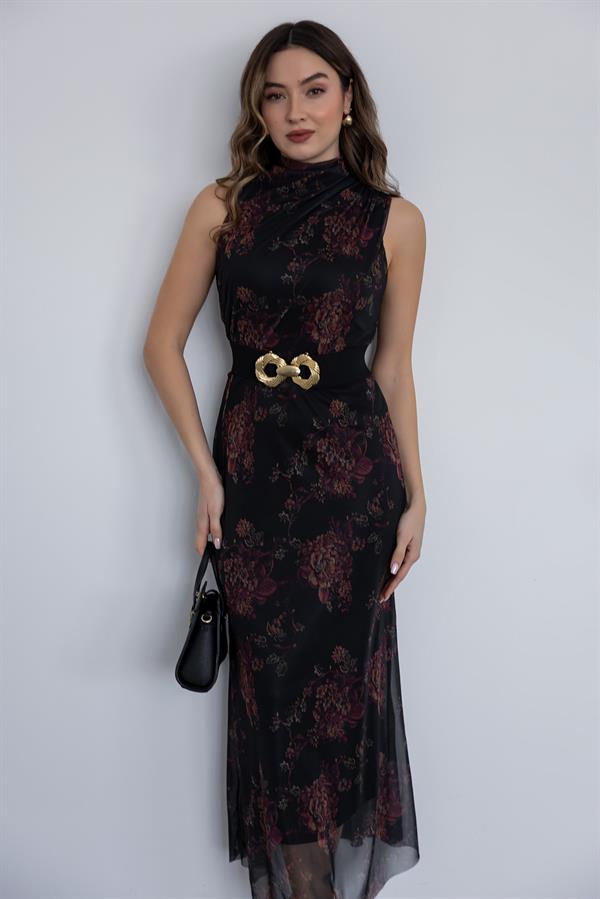 Drapeli Çiçek Desen Elbise - SİYAH