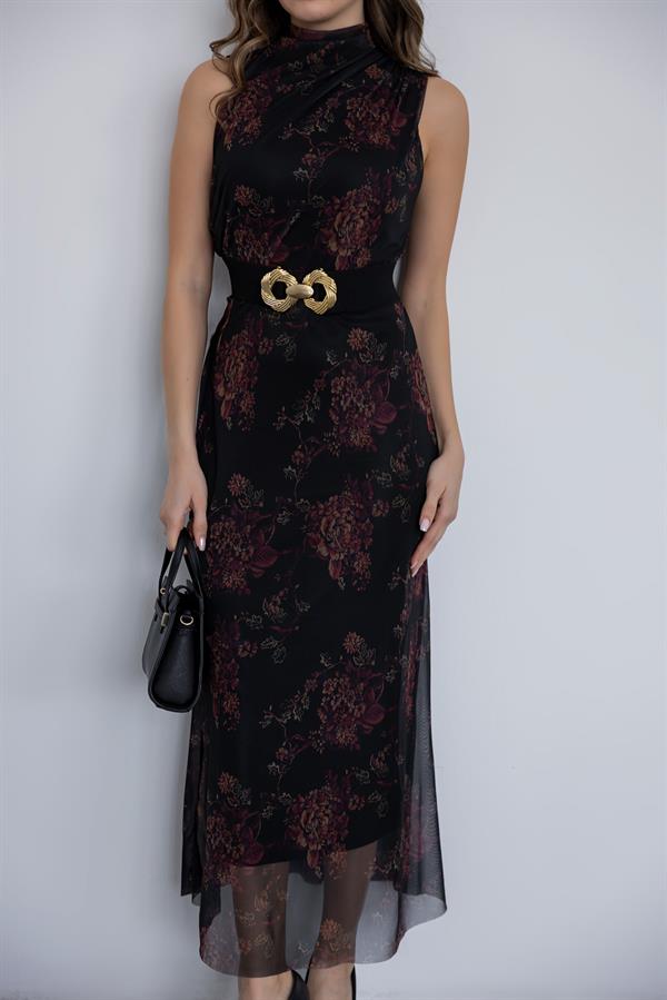 Drapeli Çiçek Desen Elbise - SİYAH