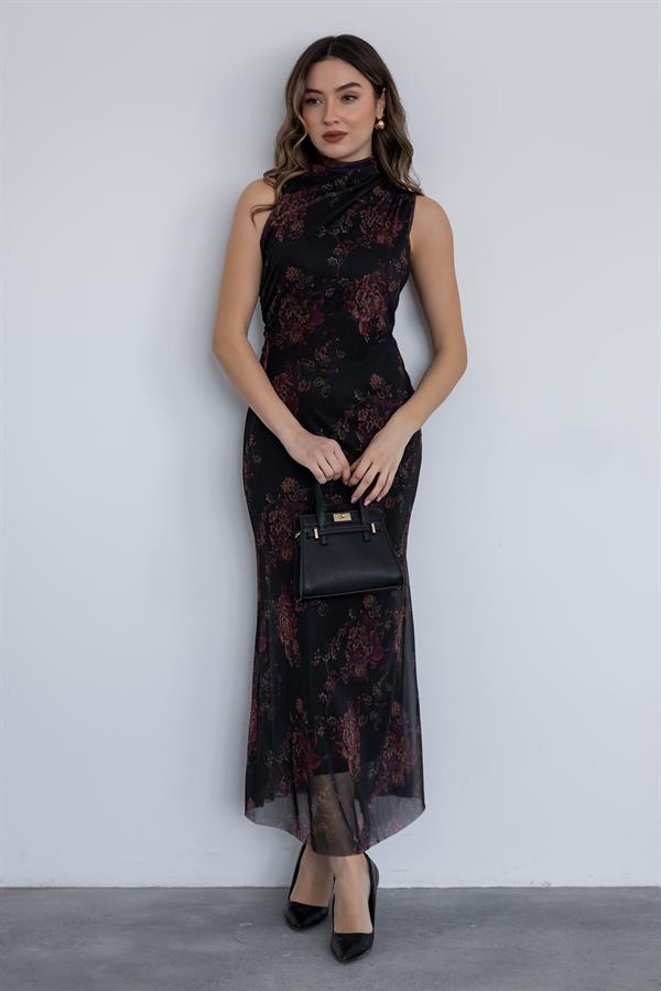 Drapeli Çiçek Desen Elbise - SİYAH