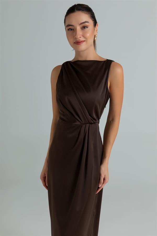 Drapeli Saten Anvelop Elbise - KAHVERENGİ