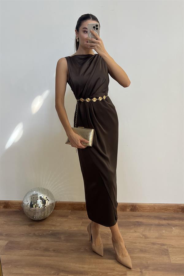 Drapeli Saten Anvelop Elbise - KAHVERENGİ