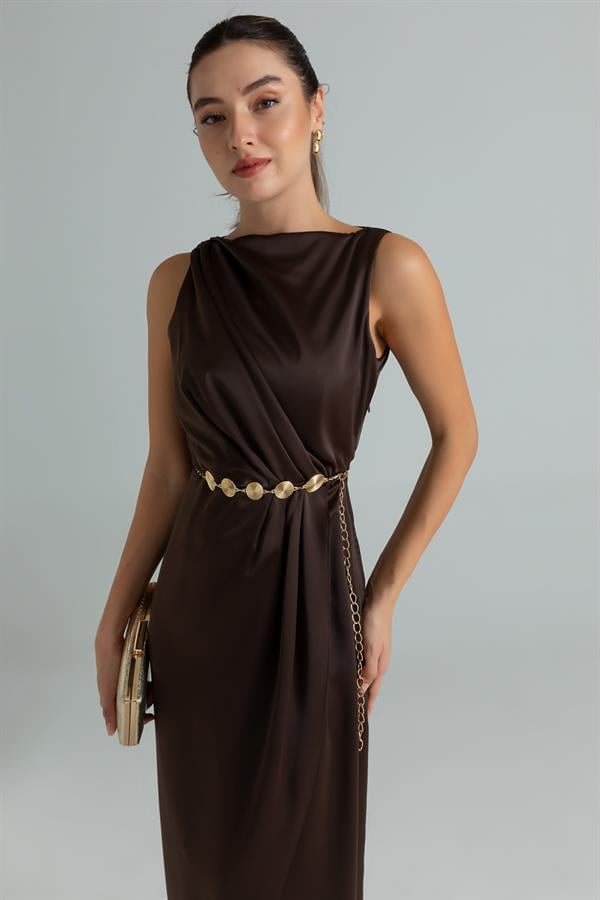 Drapeli Saten Anvelop Elbise - KAHVERENGİ