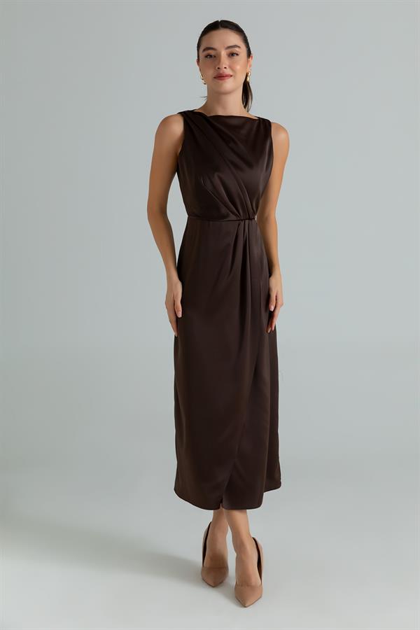 Drapeli Saten Anvelop Elbise - KAHVERENGİ