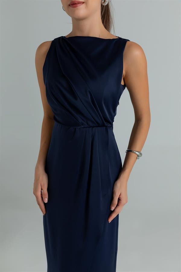 Drapeli Saten Anvelop Elbise - LACİVERT