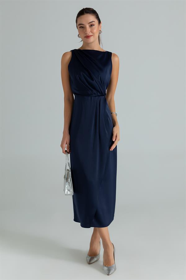 Drapeli Saten Anvelop Elbise - LACİVERT