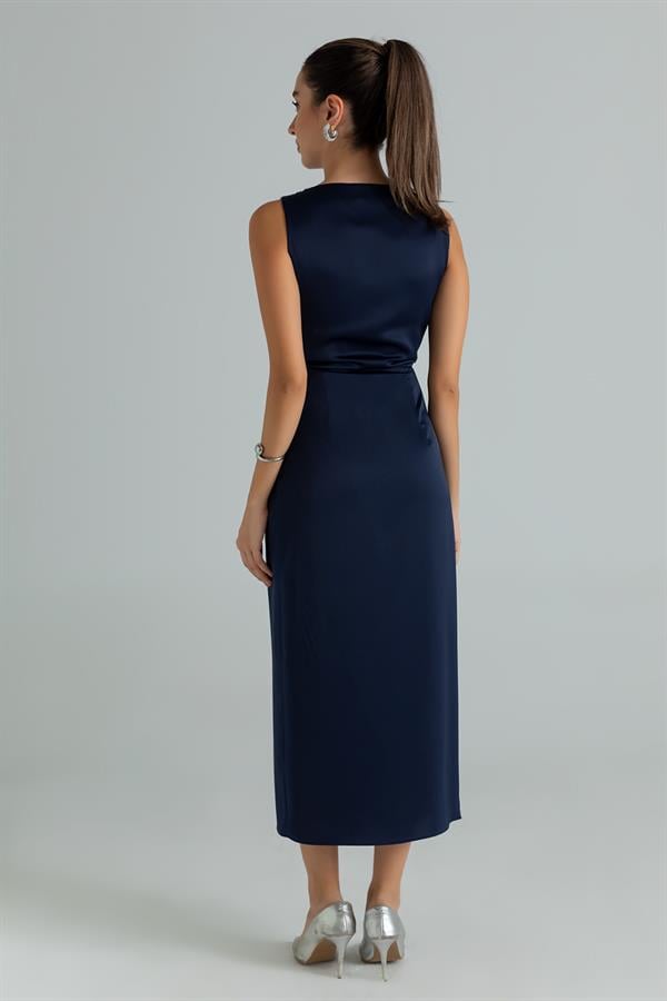 Drapeli Saten Anvelop Elbise - LACİVERT