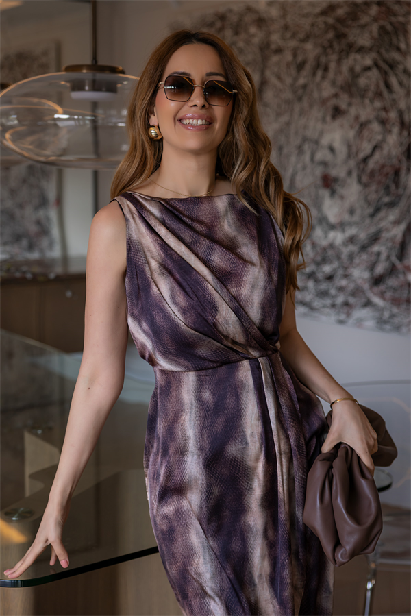 Drapeli Saten Elbise - KAHVERENGİ