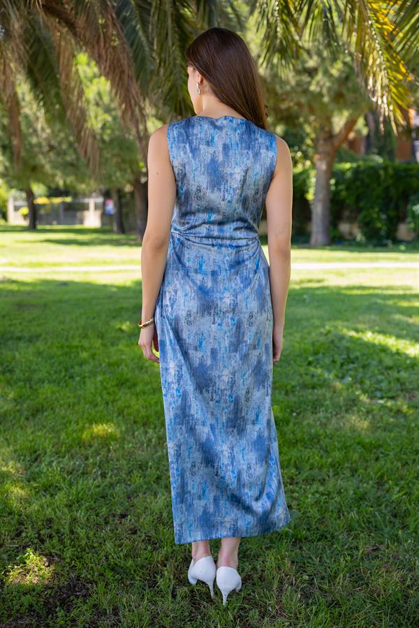 Drapeli Saten Elbise - MAVİ