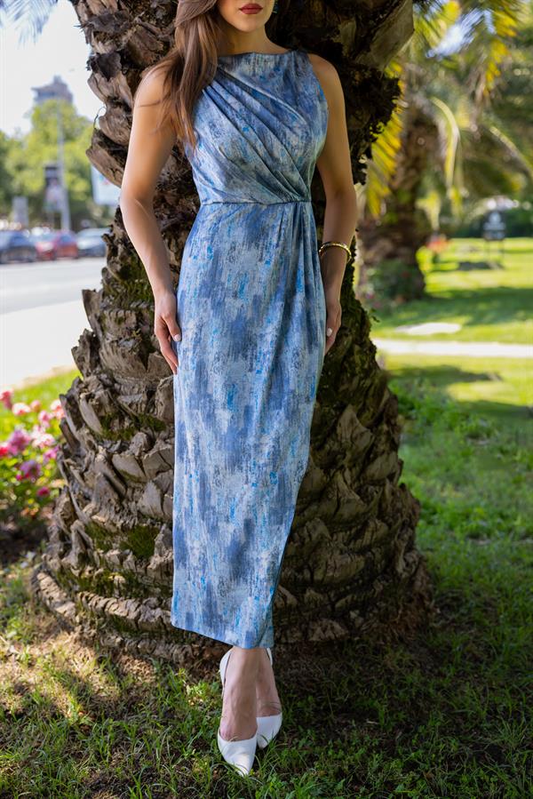 Drapeli Saten Elbise - MAVİ