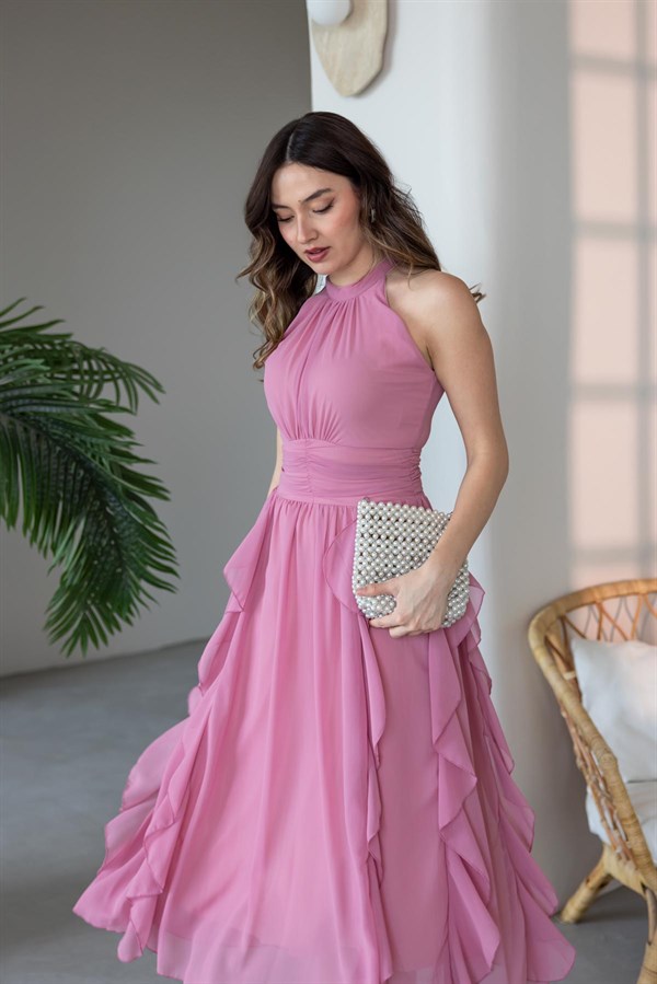 Drapeli Şifon Fırfırlı Elbise - PEMBE