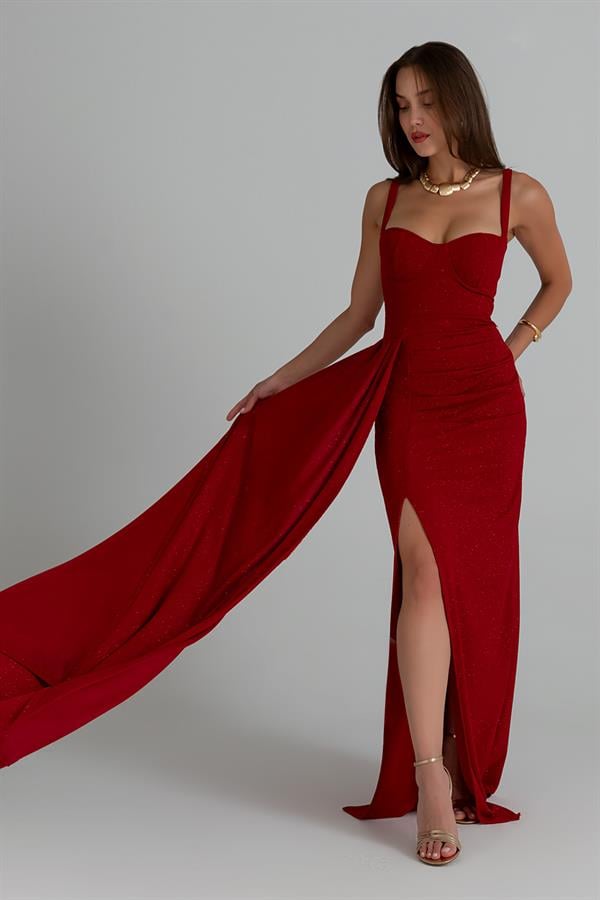 Drapeli Simli Abiye - KIRMIZI