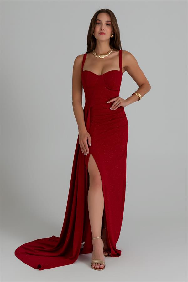 Drapeli Simli Abiye - KIRMIZI