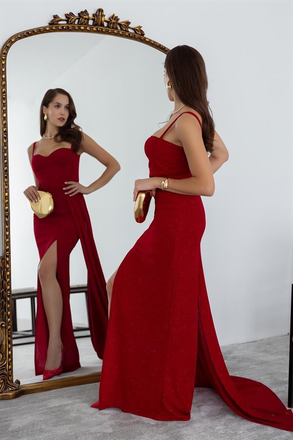 Drapeli Simli Abiye - KIRMIZI