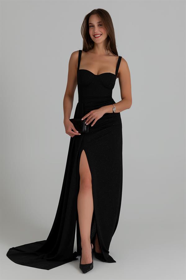 Drapeli Simli Abiye - SİYAH