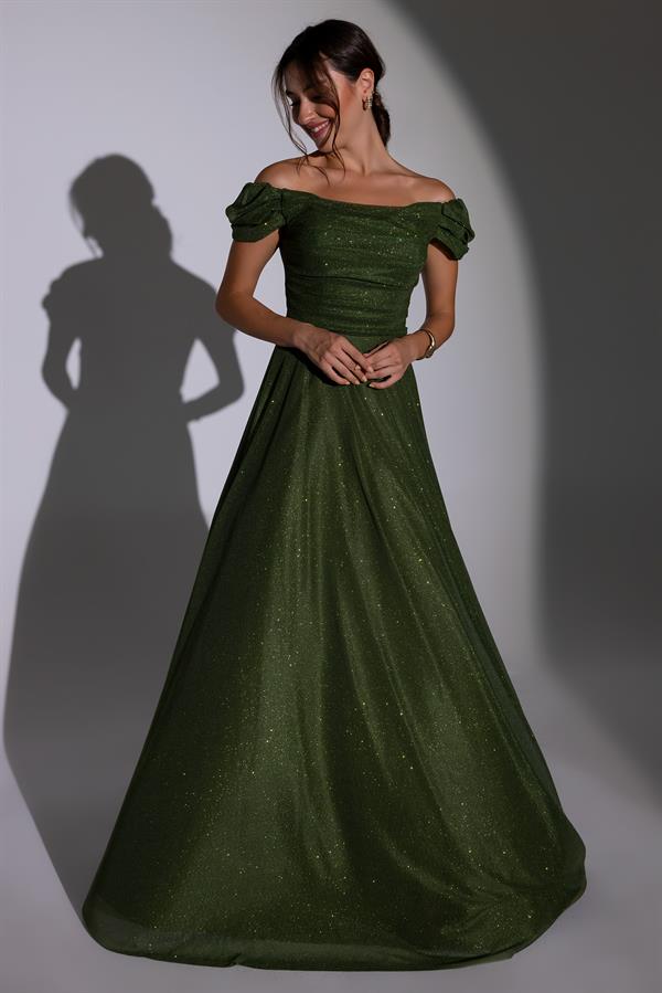 Drapeli Simli Uzun Abiye - HAKİ