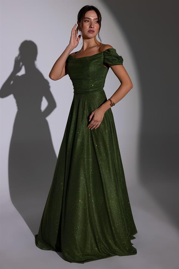 Drapeli Simli Uzun Abiye - HAKİ